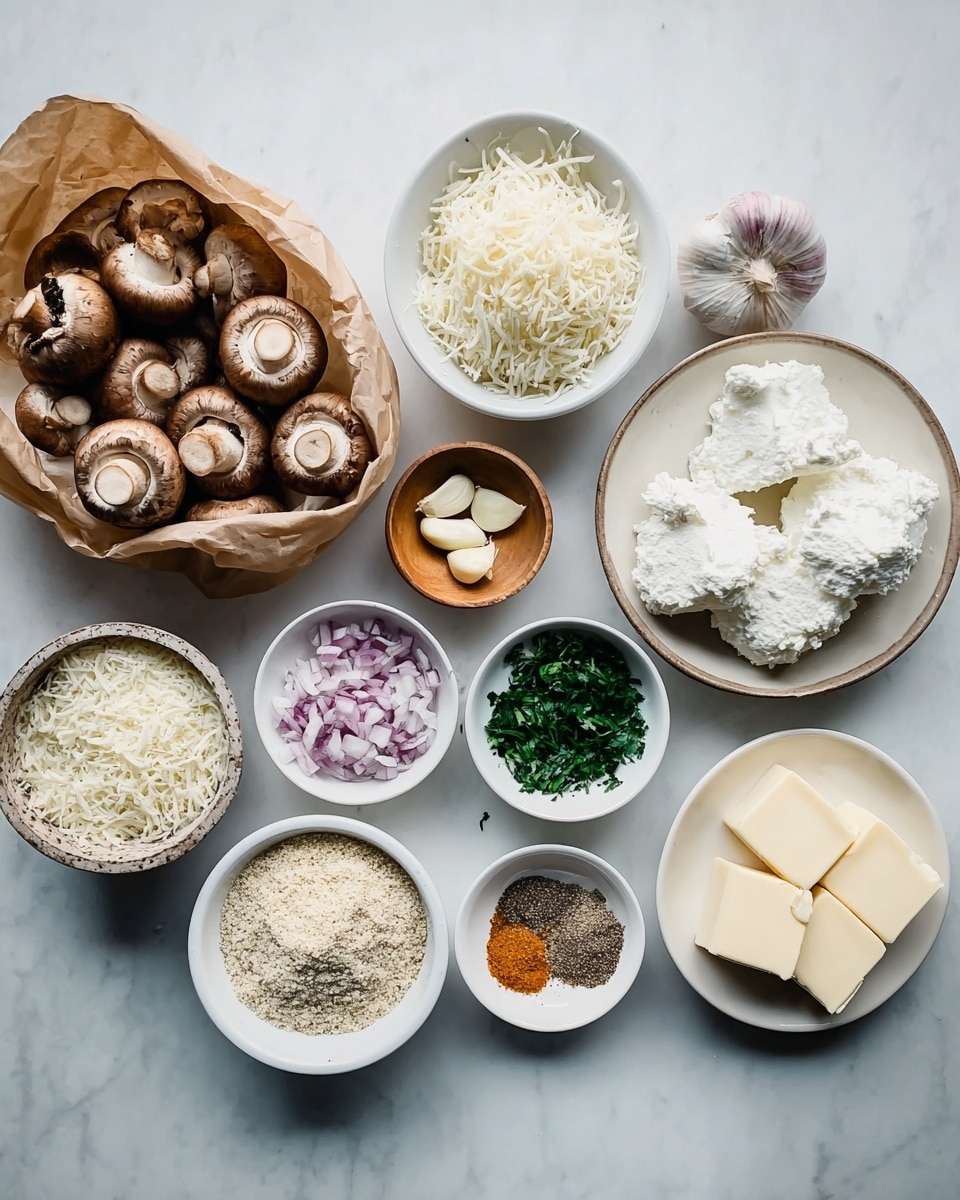 The image shows a group of fresh ingredients arranged in a row on a white marbled surface. On the left side, there is a brown paper bag filled with whole brown mushrooms with white undersides. Next to it, there is a small white bowl filled with white shredded cheese, and below that, a small white bowl with finely chopped light purple onions. To the right, there is a white plate with large white dollops of soft cheese stacked on it. Above it is a small wooden bowl with chopped garlic. Below the garlic, a white bowl holds bright green chopped herbs. Next to the herbs, a small white plate contains a mix of ground spices including black, white, beige, and orange powders. To the right of the spices, a medium white bowl is full of light beige breadcrumbs. Finally, on the far right, there is a white plate holding several pieces of pale yellow butter. The photo taken with an iphone --ar 4:5 --v 7