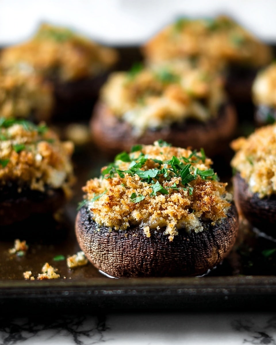Several dark brown stuffed mushrooms are placed closely on a black baking tray; each mushroom has one layer of golden brown crumb topping with a rough texture, sprinkled with small pieces of green herbs on top. The tray is set on a white marbled surface. Photo taken with an iphone --ar 4:5 --v 7