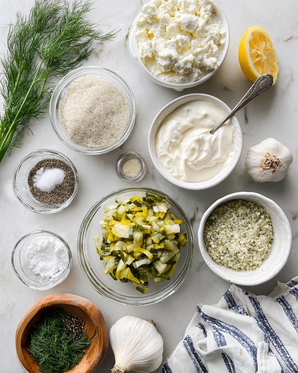 The image shows a top-down view of various cooking ingredients arranged neatly on a white marbled surface. In the center, there is a small clear glass bowl filled with chopped green and yellow pickles. Surrounding it are a white bowl with thick white cream, a glass container with a pale powdery herb mix and a silver spoon inside, a small white bowl with a granular herb mixture, and a wooden bowl holding coarse white salt. Also included are a small glass cup with a light powder, a white bowl with black pepper, a white bowl with soft white cheese, fresh green dill and chive herbs, a garlic bulb, and half a lemon. A white and navy-striped cloth is partially visible at the bottom right corner. Photo taken with an iphone --ar 4:5 --v 7
