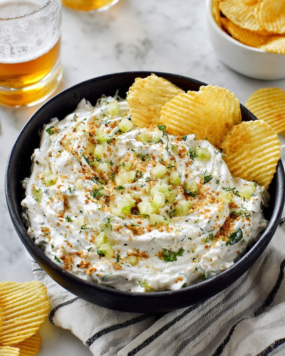 A black bowl filled with a thick, white creamy mixture swirled into smooth peaks and valleys fills the center. The mixture is sprinkled with small diced green pickles, finely chopped fresh herbs, and a light dusting of brown crumbs, giving texture and color contrast. Around the bowl edge, a few yellow, ridged potato chips are tucked in as garnish. The bowl sits on a white marbled surface near a glass of light amber beer and a white bowl with more chips. A white cloth with black stripes is partly visible under the bowl. photo taken with an iphone --ar 4:5 --v 7