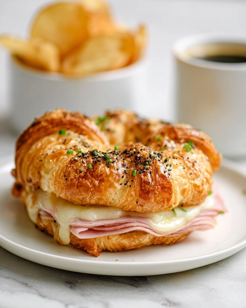 A flaky, golden-brown croissant sandwich sits on a white plate with visible layers of thin, crispy puff pastry on top sprinkled with black poppy seeds and small green chive pieces. Inside the croissant, there are two visible layers: a base layer of melted white cheese and above that, a layer of light pink ham. In the blurred background, there is a white bowl filled with golden, crispy potato wedges held by a black spoon, and next to it, a small white bowl with green sauce. The setting is on a white marbled surface with a striped cloth partially visible at the bottom. Photo taken with an iphone --ar 4:5 --v 7