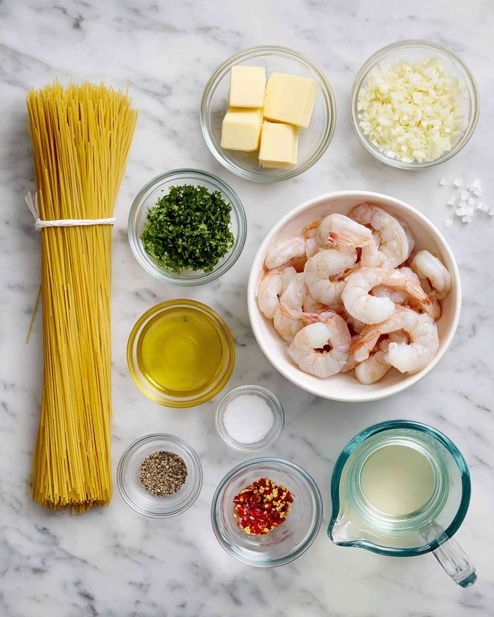 A white bowl on the right is filled with raw peeled shrimp that are light pink and white. To the left is a bundle of uncooked yellow spaghetti tied with white string. Above the pasta are two clear glass bowls with small cubes of pale yellow butter. Below those bowls are two small clear glass bowls filled with light green chopped parsley and bright red chili flakes. Moving rightward, there are two small clear glass bowls with golden olive oil, a small bowl with minced garlic, and a small bowl with finely chopped onions that are pale pink and white. Below these, there is another clear glass bowl with light yellow liquid, a small bowl of white salt, and a bowl of cracked black pepper. There is a glass measuring cup filled with clear liquid at the bottom right. All items are placed on a white marble surface. Photo taken with an iphone --ar 4:5 --v 7