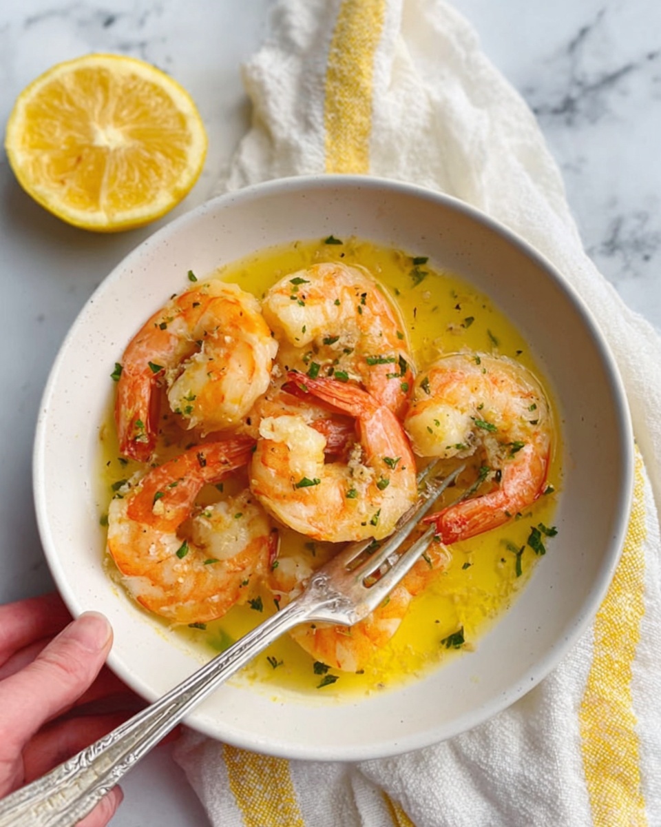 Classic Shrimp Scampi with Shells in Garlic White Wine Butter Sauce Recipe 5 A white bowl filled with several cooked shrimp covered in a shiny orange sauce, sprinkled with small green herb pieces on top. The shrimp are arranged in two layers, with some shrimp overlapping others, showing their curved shapes and pinkish-orange color. A woman's hand holds a silver fork touching the edge of the bowl. The bowl is placed on a white marbled surface, and there is a white and yellow striped cloth nearby, along with a halved lemon in the background. Photo taken with an iphone --ar 4:5 --v 7