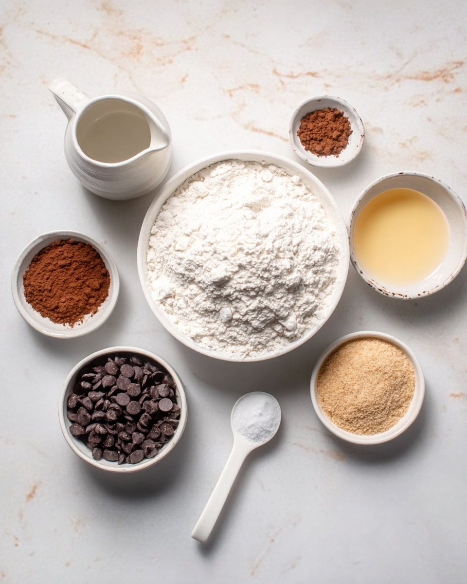 The image shows several small white bowls and a white pitcher arranged on a white marbled surface. In the center, there is a large white bowl filled with white flour. Around it, there is a small white bowl with cocoa powder, another with a white powder, a small white bowl with light yellow liquid, a white bowl with light brown sugar, and a small white spoon holding a tiny amount of white powder. At the bottom left, there is another white bowl filled with dark chocolate chips. The arrangement is neat and simple, with soft natural light illuminating the ingredients. Photo taken with an iphone --ar 4:5 --v 7