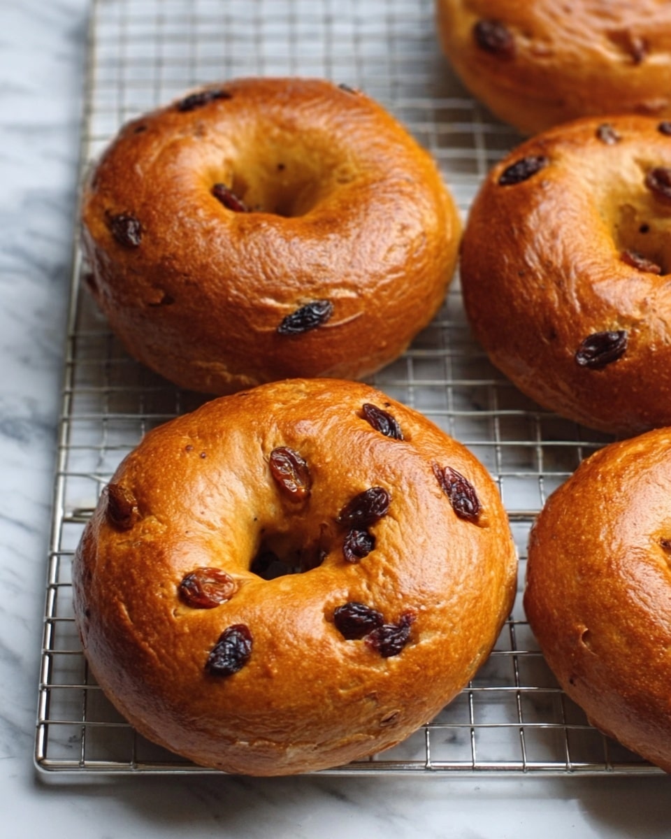 The image shows four round, golden-brown bagels with a shiny surface, each filled with dark raisins that are slightly visible on the top. The bagels are placed on a metal rack with a white marbled surface beneath it. The texture of the bagels looks soft and slightly bumpy with a smooth, glossy finish. Photo taken with an iphone --ar 4:5 --v 7