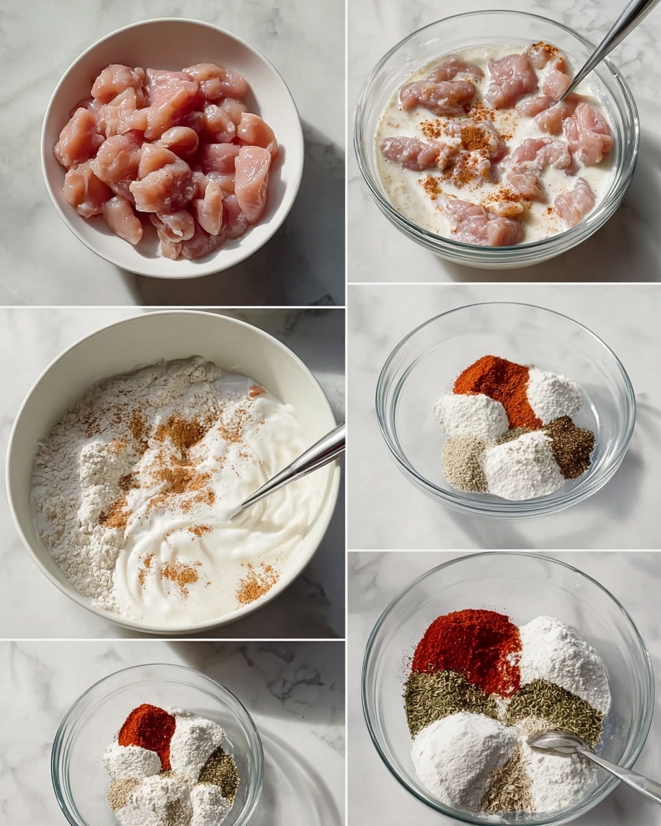 The image shows six steps of preparing seasoned chicken pieces. In the first white bowl, there are raw pink chicken chunks with a smooth texture. The second white bowl contains the same chicken pieces covered with white yogurt and light brown powder spices on top. The third white bowl shows the chicken fully mixed in the white yogurt, with a spoon resting inside. The fourth glass bowl displays several piles of dry ingredients in different colors, including white flour, red paprika, black pepper, and dried green herbs, arranged in separate sections over a white marbled surface. The fifth glass bowl contains the dry ingredients being mixed together with a spoon. The last part shows someone using silver tongs to dip the yogurt-covered chicken pieces from the white bowl into the mixed flour bowl, while a white enamel tray with flour-coated chicken pieces is visible in the background. The setup is all on a white marbled surface, with soft natural light highlighting the textures and colors of each layer. Photo taken with an iphone --ar 4:5 --v 7