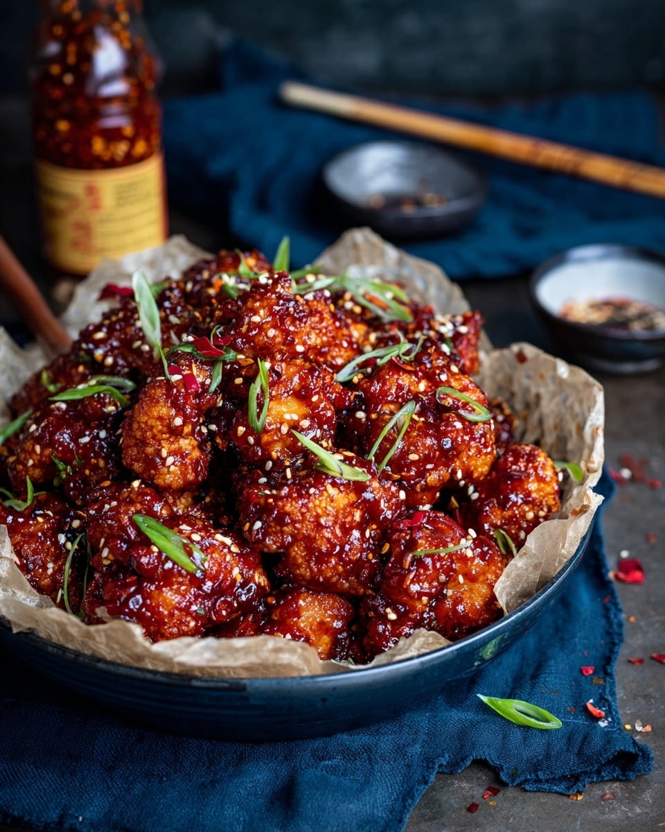 A dark blue bowl with crumpled light brown parchment paper holds many pieces of fried cauliflower covered in thick dark red sticky sauce, sprinkled with white sesame seeds and red chili flakes, and topped with thin green onion strips. In the background, there is a blurred bottle of chili flakes and some chopsticks resting on a dark blue cloth, all set on a dark surface. photo taken with an iphone --ar 4:5 --v 7