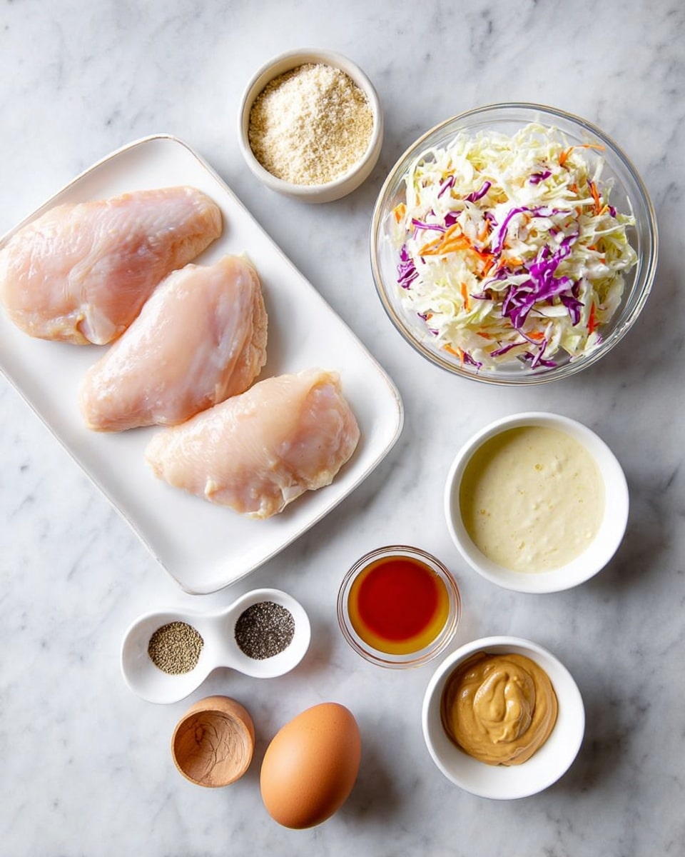 The image shows ingredients arranged on a white marbled surface, including three raw chicken pieces pale pink in color placed on a rectangular white plate near the left side. To the top right, there is a clear bowl filled with shredded cabbage salad that includes white, purple, and orange pieces. Above the chicken plate, there is a small round white bowl with a crumbly beige powder. To the right of the powder bowl, there is a brown egg resting on the surface. Below the egg, there is a small white bowl filled with a creamy off-white sauce, and next to it, at the bottom right corner, another small white bowl holds a smooth light brown mustard-like paste. Near the center, there's a small wooden bowl with a red liquid. On the bottom left, a small white plate contains three spices in separate piles—white, black, and light beige. A small white bowl filled with golden honey sits beside the spice plate. Everything is neatly spaced on the white marbled texture. Photo taken with an iphone --ar 4:5 --v 7