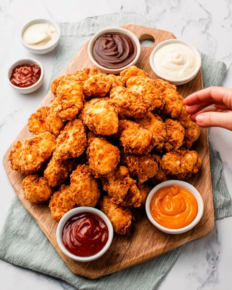 The image shows a wooden board full of golden-brown fried chicken pieces piled in the center. Around the board are four small white bowls, each filled with different sauces: a smooth white sauce, a thick dark brown sauce, a bright orange sauce, and a classic red ketchup. A woman's hand is reaching towards the chicken from the right side. The board is placed on a light gray cloth on a white marbled surface. The fried chicken looks crispy with a rough texture and is arranged in several layers, creating a sense of fullness and abundance. photo taken with an iphone --ar 4:5 --v 7