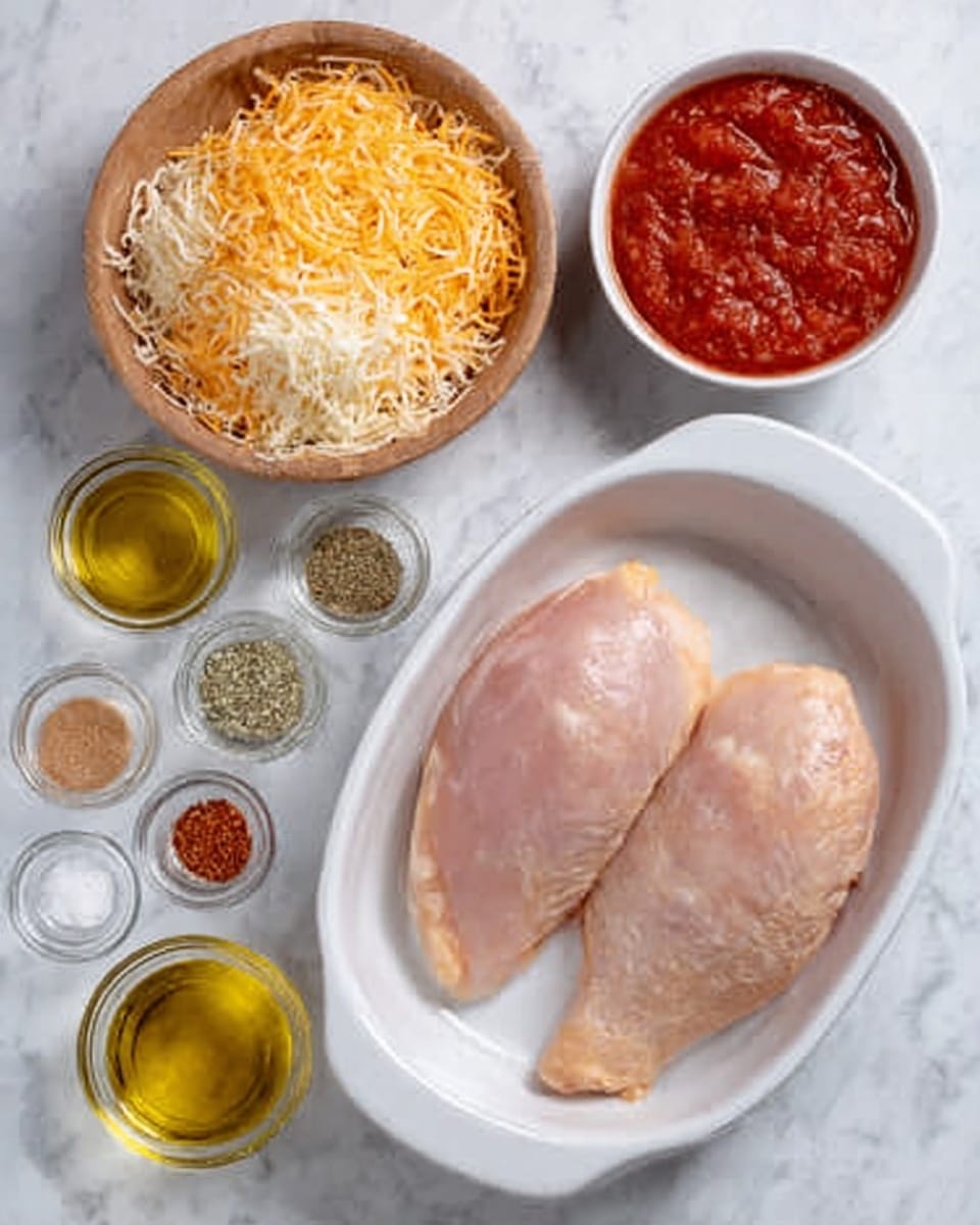 The image shows two raw chicken pieces placed side by side in a white baking dish. Above the baking dish, there is a wooden bowl filled with shredded orange and white cheese. Around the baking dish, there are several small clear glass containers with different ingredients: golden yellow olive oil, a mixture of red seasoning, light brown sugar, light brown garlic powder, greenish dried herbs, white salt, and a bowl of chunky red tomato sauce. The surface beneath everything is a white marbled texture. photo taken with an iphone --ar 4:5 --v 7