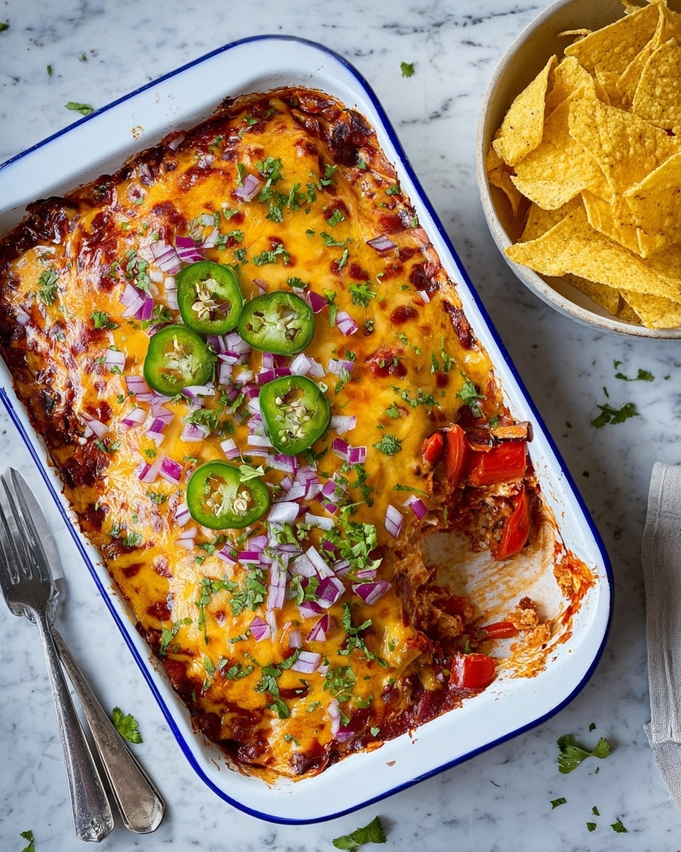 A white enamel baking dish with a blue rim holds a layered bake. The bottom layer shows slightly charred red sauce mixed with chunks of red bell pepper. On top, there is a melted golden yellow and white cheese layer spread thickly, bubbling and browned in spots. Scattered on top are sliced green jalapeños, small diced purple onions, and sprinkled fresh chopped green herbs. To the side, on a white marbled surface, a white bowl holds a lot of yellow tortilla chips. A fork and a knife rest nearby on the surface. The whole scene is lit naturally. photo taken with an iphone --ar 4:5 --v 7