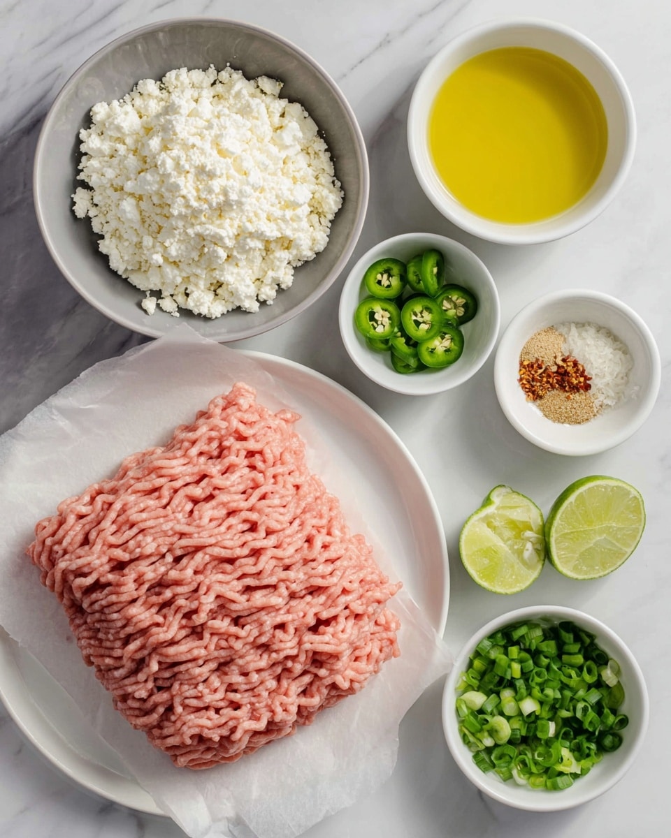 This image shows a white plate with a large pile of raw pink ground meat placed on parchment paper at the bottom left. Above and to the left is a grey bowl filled with crumbly white cheese with a slightly rough texture. To the right of the cheese, there are four small white bowls arranged in a square: the top left bowl has yellow liquid, the bottom left bowl contains chopped green jalapeño peppers, the top right bowl holds ground spices in beige and reddish colors, and the bottom right bowl is filled with chopped green onions. At the middle right of the image, two halves of a lime with a pale green interior are placed on the white marbled surface. The composition is clean and bright. Photo taken with an iphone --ar 4:5 --v 7