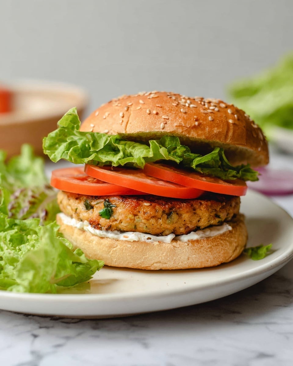 The image shows a sandwich on a white plate with a white marbled texture background. The sandwich has four clear layers: at the bottom, there is a layer of creamy white spread, followed by a thick, golden-brown cooked patty with small green herbs visible. Above the patty is a fresh green lettuce leaf, topped with two thin slices of red tomato. The sandwich is held together by a sesame seed bun with a light golden crust. On the plate next to the sandwich, there are pieces of leafy green lettuce. Photo taken with an iphone --ar 4:5 --v 7