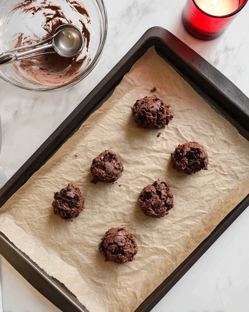 The image shows a dark baking tray lined with crinkled parchment paper. On the parchment paper, there are five evenly spaced raw chocolate cookie dough mounds that are rough in texture with visible chocolate pieces inside. To the top left of the tray, there is a clear glass mixing bowl containing some remaining chocolate dough residue and a metal ice cream scoop resting inside. The scene is set on a white marbled surface with a partially visible red candle to the top right. Photo taken with an iphone --ar 4:5 --v 7