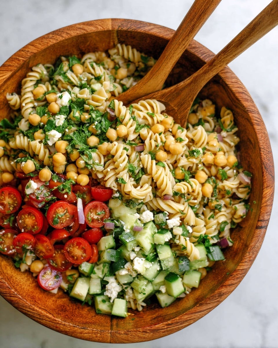 A big wooden bowl holds a pasta salad with three main layers mixed together: the base layer is pale spiral pasta, the middle layer shows light yellow chickpeas and bright green chopped cucumbers, and the top layer has red cherry tomato halves with bits of green parsley and small pieces of white cheese scattered throughout. Two wooden spoons rest in the bowl, slightly lifting some of the salad. The background is a white marbled texture. photo taken with an iphone --ar 4:5 --v 7