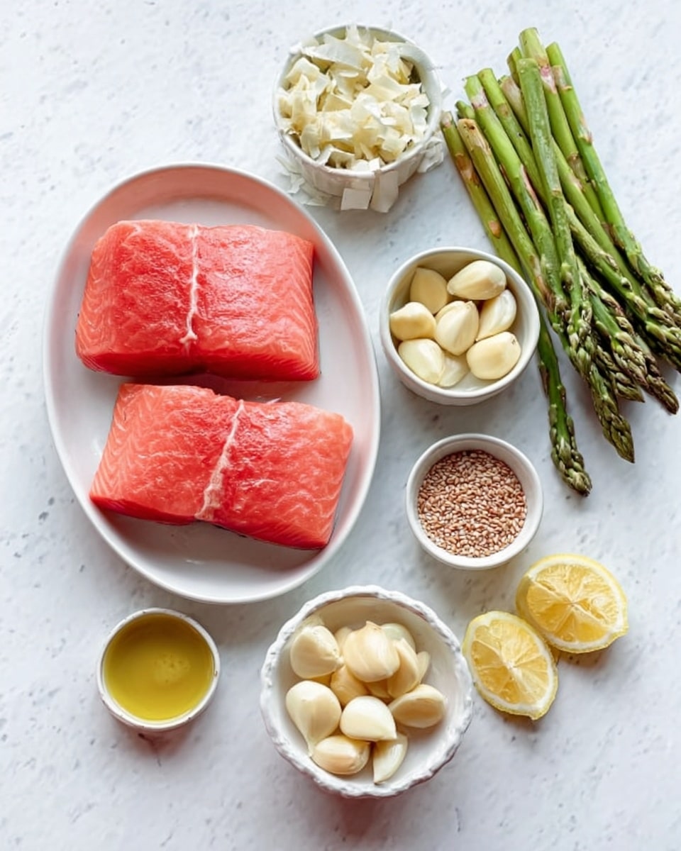 The image shows a white oval plate with two thick pieces of bright pink salmon placed side by side. Near the plate, a bunch of fresh green asparagus stalks lie diagonally. Next to the salmon, there is a small white bowl filled with whole peeled garlic cloves that are pale cream in color. Another small white bowl holds a clear golden oil. A small pile of light brown seeds is visible in another white bowl, and on a small white plate, there are two lemon slices with pale yellow rinds and white centers stacked. A tiny mound of minced garlic rests on a small white saucer. All items are arranged on a smooth white marbled surface. Photo taken with an iphone --ar 4:5 --v 7