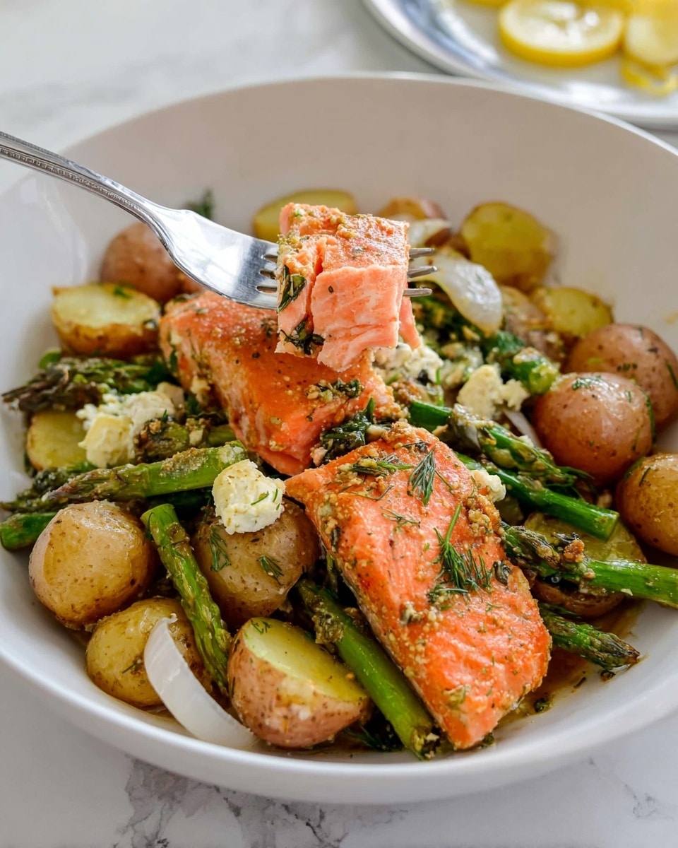 A white bowl filled with a bed of small golden potatoes and green asparagus pieces, mixed with bits of white cheese and thin rings of pale onions scattered throughout. On top of the vegetables, there are two large pieces of cooked salmon with a bright orange-pink color, seasoned with herbs like dill, giving small green specks. A silver fork is lifting a piece of the salmon, showing its tender inside. The background is a white marbled surface with a blurred glimpse of a round white dish with lemon slices. Photo taken with an iphone --ar 4:5 --v 7