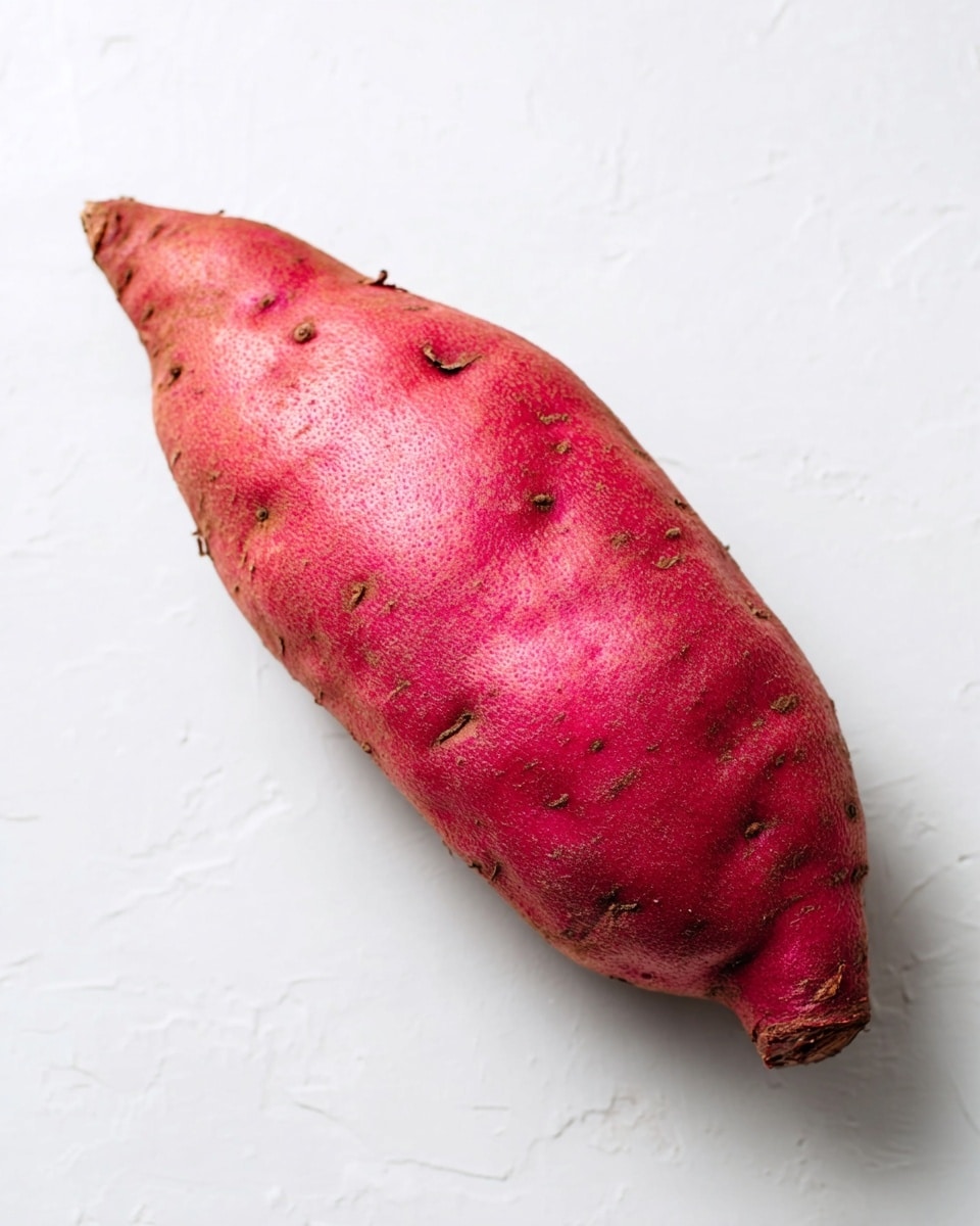 A single red sweet potato sits alone on a white marbled surface, showing its rough, slightly shiny skin with small dimples and natural blemishes. The sweet potato has an elongated shape that tapers at one end and is thicker and rounder at the other. The lighting highlights its textured surface and vibrant reddish-pink color, making it stand out clearly against the clean background. photo taken with an iphone --ar 4:5 --v 7