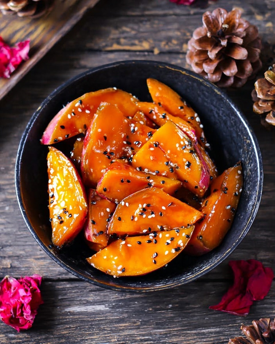 The image shows a small black bowl filled with thick slices of bright orange sweet potatoes covered in a shiny glaze, sprinkled with small black sesame seeds. The sweet potato pieces are arranged in layered, overlapping rows filling the bowl, some with a slight reddish skin peeking out at the edges. The bowl sits on a dark wooden surface with some pine cones and red dried petals scattered around, adding a natural, rustic feel. photo taken with an iphone --ar 4:5 --v 7