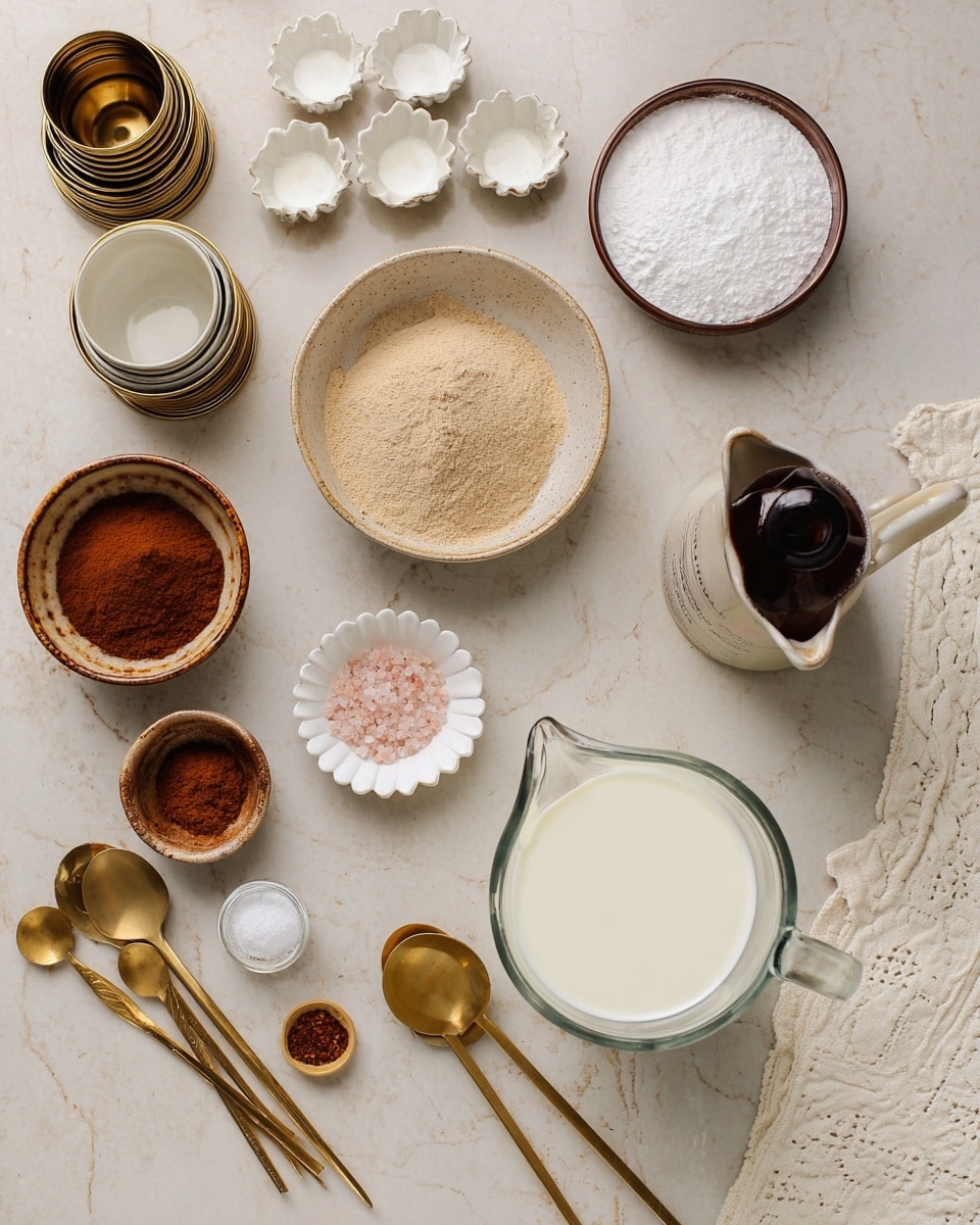 The image shows an assortment of baking ingredients and tools arranged on a white marbled surface, including a large clear glass measuring jug filled with white milk near the bottom right, a smaller ceramic mug full of white granulated sugar slightly above and to the left, and a ceramic bowl filled with light brown powder with a golden spoon resting on it in the middle right. Near the center are small metal containers holding brown and reddish spices, and a small scalloped white dish with a small amount of pink salt at the top center. Also present are a stack of white ceramic bowls with brown interiors, a dark brown glass bottle, a set of golden measuring spoons on the right, and a white cloth with a waffle texture nearby. At the top left, there is a set of stacked golden measuring cups, and other small white scalloped dishes filled with white powder. The scene is softly lit and has a neat, organized feel. photo taken with an iphone --ar 4:5 --v 7