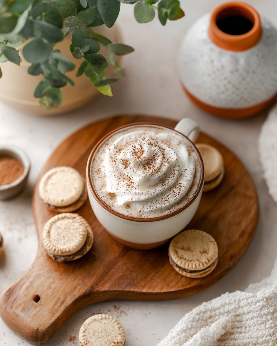 A white round cup filled with a creamy light brown drink topped with a thick layer of white whipped cream, sprinkled with cinnamon powder on top, placed on a wooden board with a medium brown color; around the cup, there are several round cookie sandwiches with a beige top and chocolate filling, some on the board and some on the white marbled surface; in the upper left there is a blurred green leafy plant, and in the upper right corner a white ceramic jar with an orange rim and a white textured cloth next to it. photo taken with an iphone --ar 4:5 --v 7
