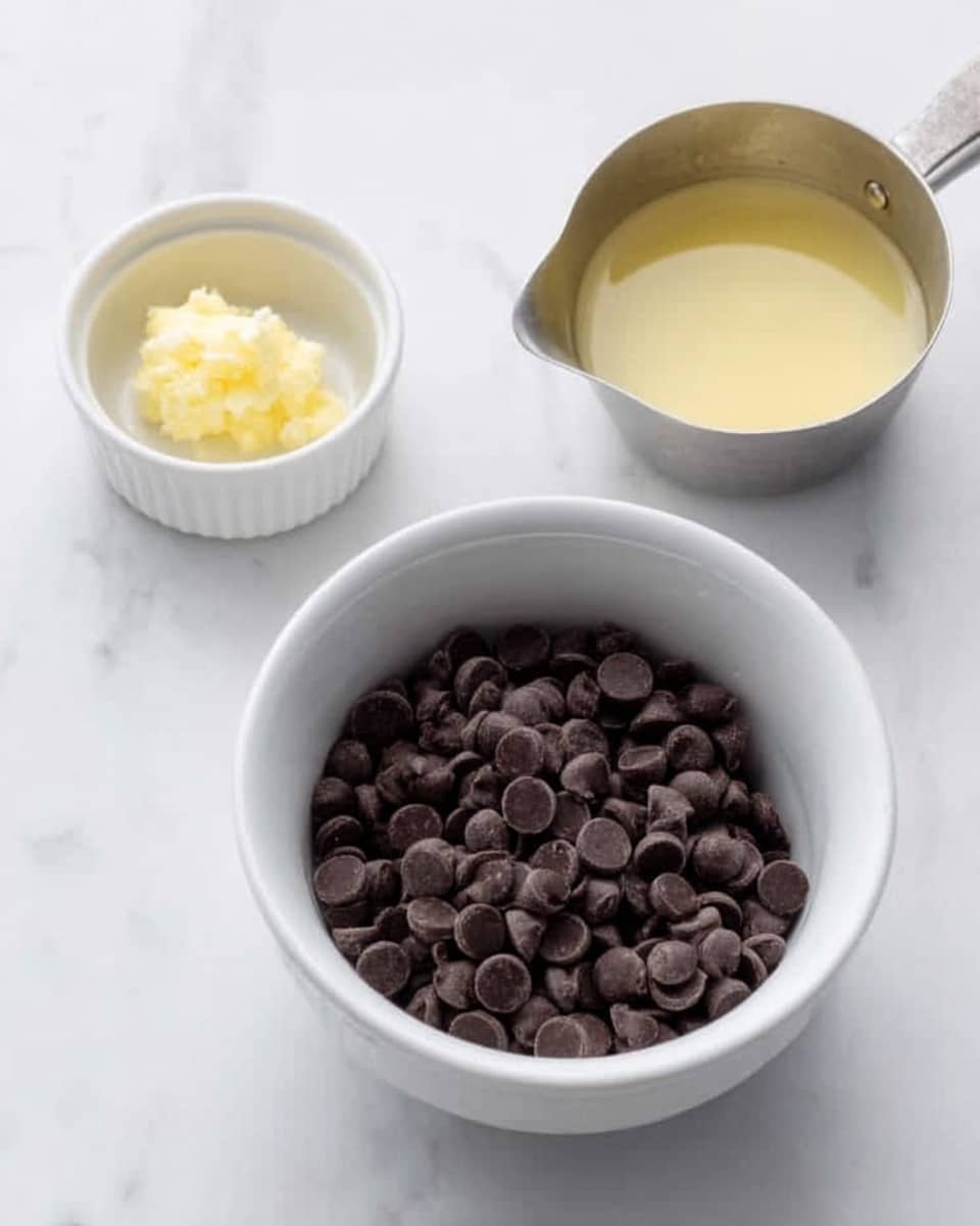 The image shows a white bowl filled with dark brown chocolate chips placed on a white marbled surface. Beside it, there is a small white ramekin with a pale yellow solid ingredient and a small silver metal pot filled with a light yellow liquid. The scene is simple with clean lines and natural lighting, focusing on the three containers arranged close together. Photo taken with an iphone --ar 4:5 --v 7