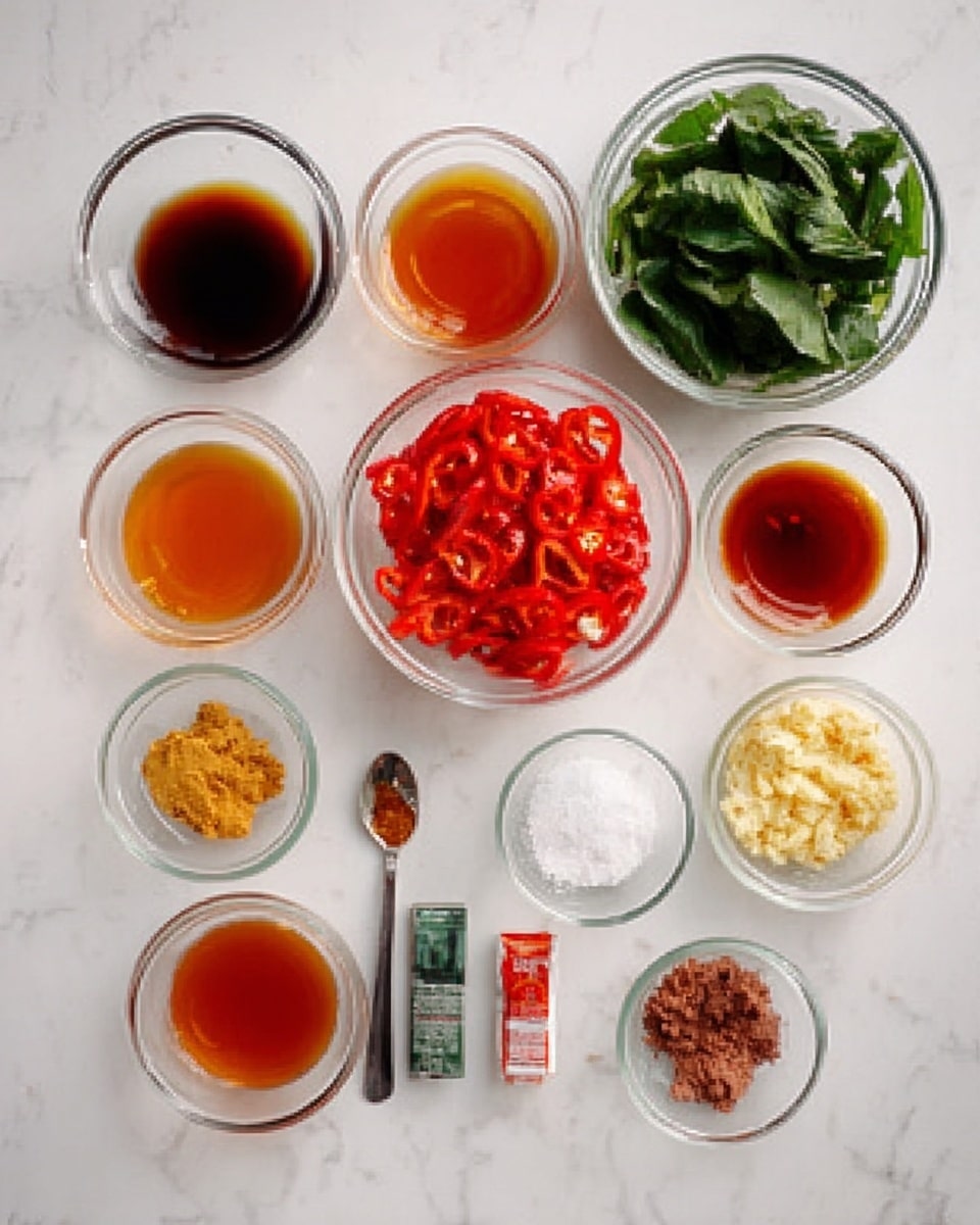 The image shows a collection of clear glass bowls arranged neatly on a white marbled surface. There are nine bowls in total, each containing different ingredients: two bowls with dark brown and amber liquids, one bowl with bright red sliced chili peppers, one bowl with chopped green leafy vegetables, and five smaller bowls containing various powders and sauces in shades of white, yellow, red, and brown. A small spoon rests near the center of the arrangement. The layout is clean and organized, all bowls on the white marbled background. photo taken with an iphone --ar 4:5 --v 7