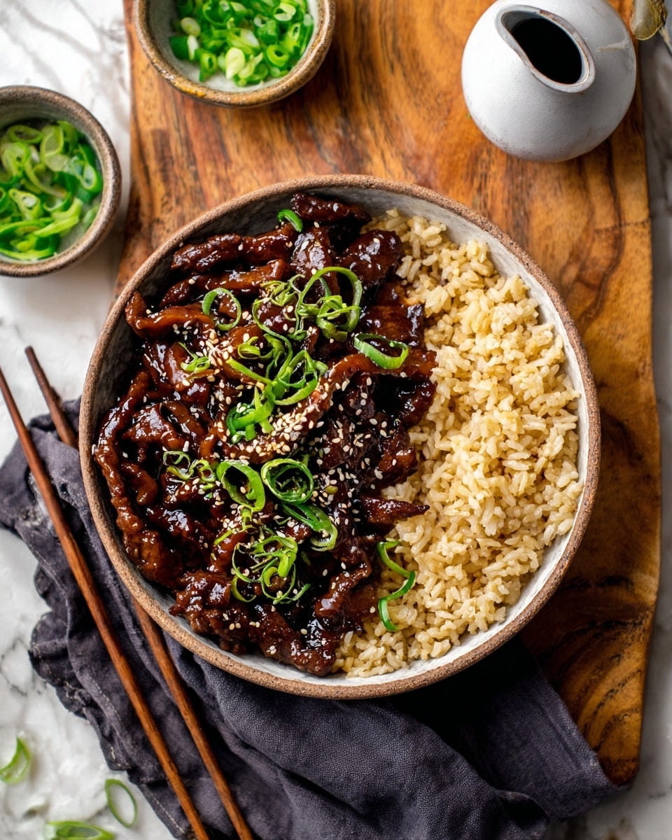 A bowl with two main layers sits on a white marbled surface. The bottom layer on the right side of the bowl is light brown cooked rice mixed with green onion slices scattered on top. On the left side, the top layer consists of dark brown glazed beef strips mixed with thin light brown onion slices, all sprinkled with white sesame seeds and chopped green onions. A dark cloth napkin lies under the bowl, with chopsticks resting beside it. Small dishes with chopped green onions and sesame seeds, along with a small white sauce pitcher, are placed on the wooden surface around the bowl. photo taken with an iphone --ar 4:5 --v 7