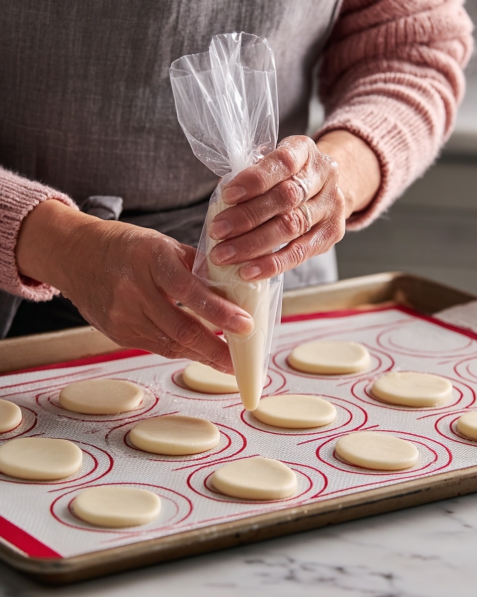 A close-up shows a woman piping smooth, pale batter onto a baking tray lined with a white mat that has red circular guides, forming several small, round batter circles. The woman's light skin hands grip a clear piping bag tied at the top, pressing the batter out in small, even shapes on the tray. She wears a pink sweater with ribbed sleeves and a grey apron over a white marbled surface. The image focuses on the action of creating neat batter layers, with the circles evenly spaced and glossy. Photo taken with an iphone --ar 4:5 --v 7