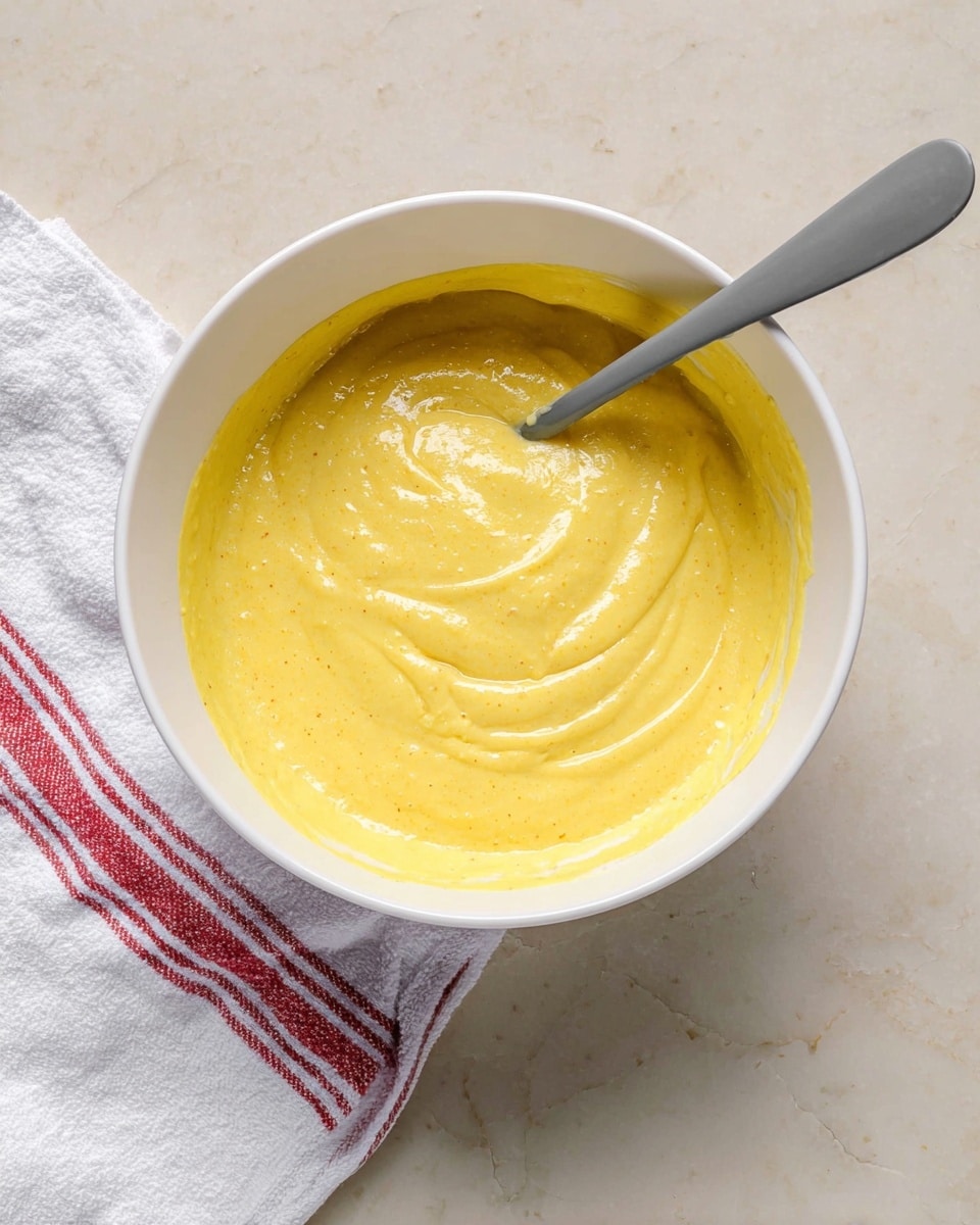 A white bowl filled with a smooth yellow batter, thick in texture and swirled on the surface, with a gray spoon partially dipped into it; the bowl is placed on a white marbled surface, and a white cloth with red stripes is placed near the bottom left corner of the image photo taken with an iphone --ar 4:5 --v 7