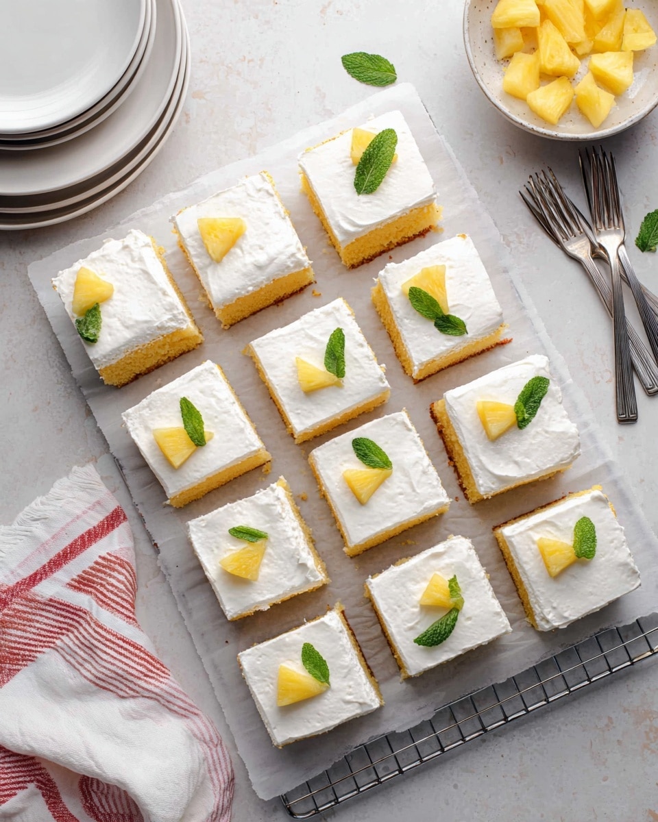 The image shows sixteen square pieces of a two-layered cake, arranged in a grid on white parchment paper over a wire rack. Each piece has a golden yellow cake base with a thick, smooth white frosting layer on top. Several pieces are decorated with small yellow pineapple slices and fresh green mint leaves placed on the frosting. In the top left corner, there is a small stack of clean white plates, and in the top right, three silver forks lay on the white marbled surface nearby a white bowl filled with more pineapple slices and a mint leaf. A white cloth with red stripes edges the bottom left of the frame. The overall setting is bright with soft natural light, and the colors stand out clearly against the white marbled background photo taken with an iphone --ar 4:5 --v 7