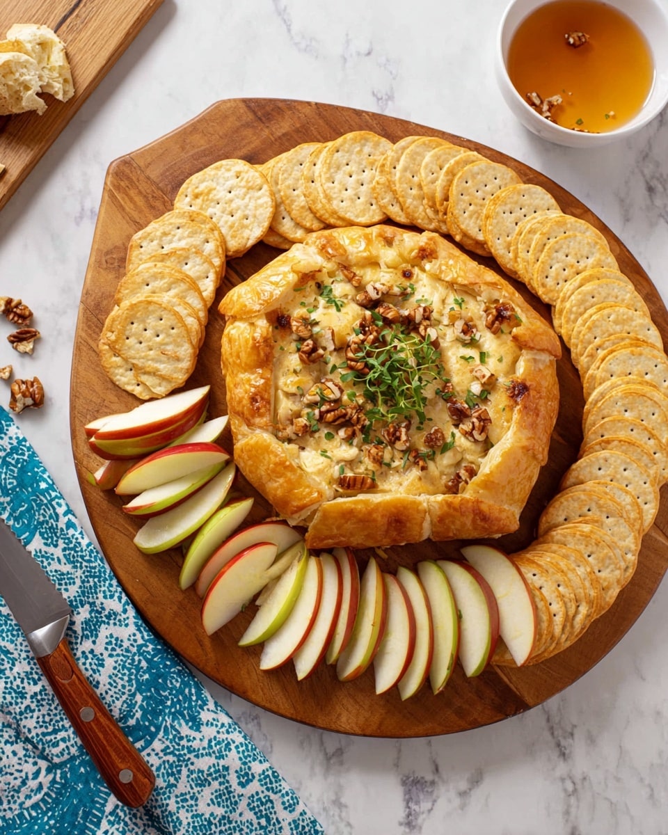 A round wooden board holds a golden brown baked pastry topped with small chopped nuts and fresh green herbs in the center. Surrounding the pastry are two neat rows of light tan round crackers on each side. Below the crackers are thin slices of red and green apples, arranged in a fan shape. The board rests on a white marbled surface with a blue and white patterned cloth and a knife with a wooden handle on the left side, and a white bowl with amber-colored honey on the right side. Photo taken with an iphone --ar 4:5 --v 7