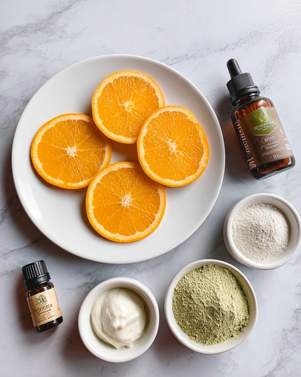 A white plate sits on a white marbled surface, holding six bright orange slices arranged in a loose circular pattern. Surrounding the plate are three small white bowls: one filled with a white creamy substance, another with a pale off-white powder, and the last with a light green powder. To the left of the bowls is a small amber bottle with a dropper cap labeled vanilla stevia, and to the right is a dark bottle labeled pure vanilla extract. The whole scene is neatly arranged and softly lit, showing clear texture on each ingredient photo taken with an iphone --ar 4:5 --v 7