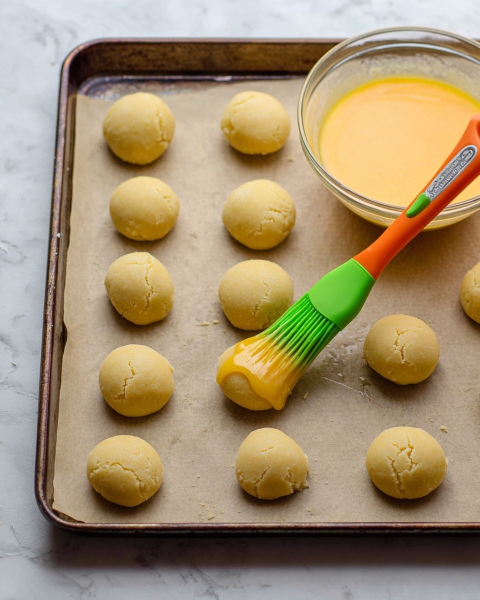 The image shows a baking sheet lined with parchment paper holding twelve round, pale yellow cookie dough balls arranged in neat rows. One cookie dough ball near the center is being brushed with a shiny, slightly darker orange-yellow egg wash using a green and orange silicone brush. To the right, a clear glass bowl contains more of the same egg wash mixture. The baking sheet edges are dark metal, and the scene is placed on a white marbled surface. Photo taken with an iphone --ar 4:5 --v 7