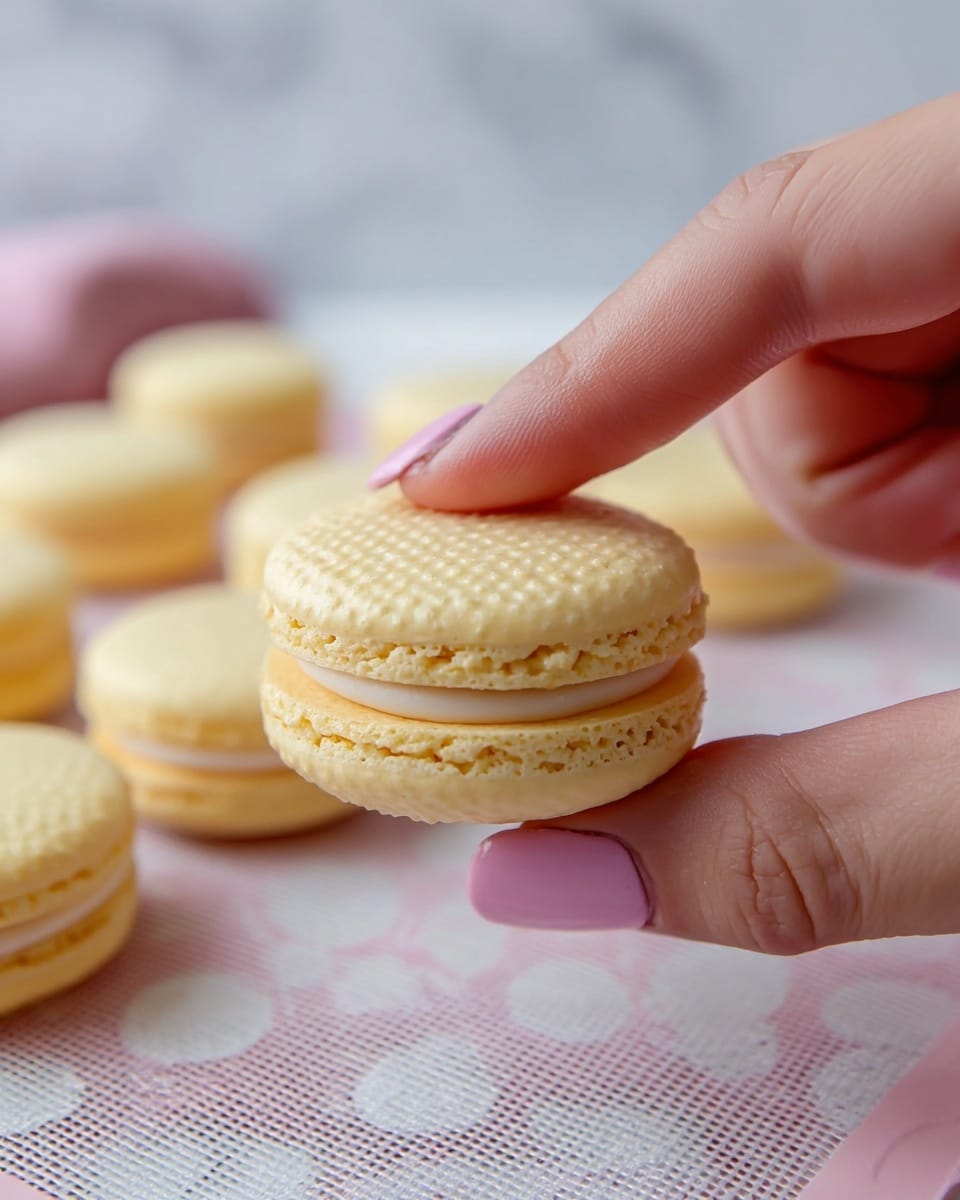 A woman's hand with light pink nail polish gently holds a delicate round macaron. The macaron has two pale yellow layers with a textured, slightly rough top and smooth side edges, showing a thin layer of filling in between. In the background, there are more macarons resting on a white mesh surface with pink circular designs. The overall look is soft and light, with a clean white marbled texture surface around them. photo taken with an iphone --ar 4:5 --v 7
