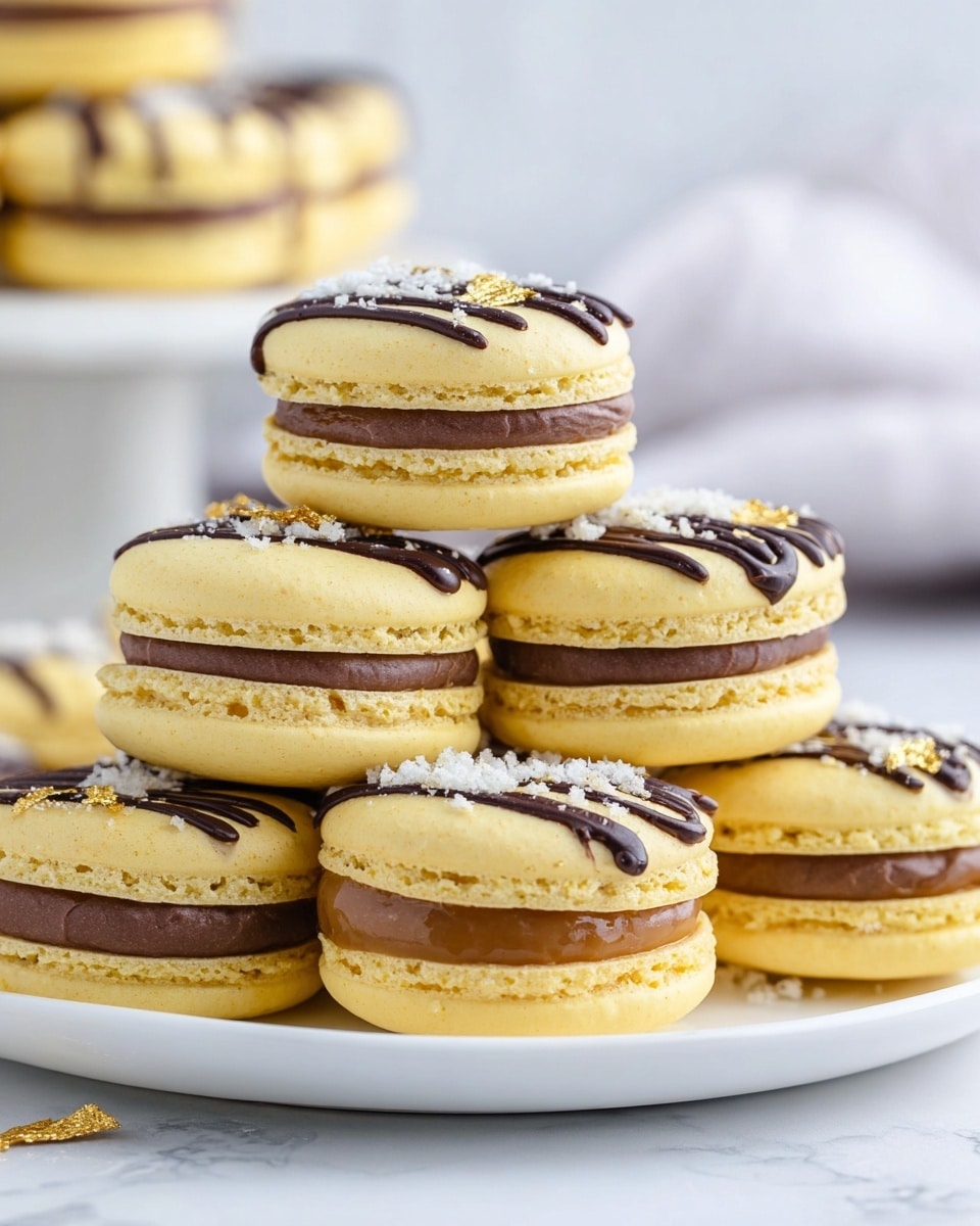A stack of yellow macarons is shown on a white plate with a white marbled surface beneath. Each macaron has three layers: a smooth pale yellow shell on the top and bottom, with a thick layer of dark brown chocolate filling right below the top shell and a thick caramel-colored filling under the chocolate layer. The macarons are decorated with thin dark chocolate drizzles on the top shell, and small white crumb-like sprinkles scatter on the top, along with a small piece of edible gold leaf on some macarons. The background is soft and blurred, with white and light gray tones. Photo taken with an iphone --ar 4:5 --v 7