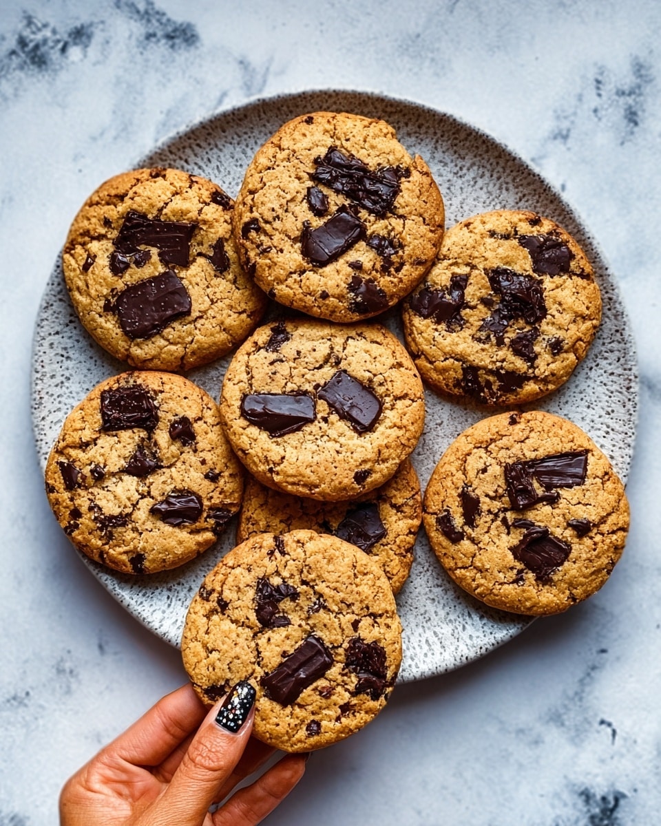 The image shows seven round cookies with a golden-brown color and large dark chocolate chunks scattered on top and inside. The cookies are arranged on a white plate with a textured surface, placed on a white marbled background. A woman's hand with painted nails is holding one cookie at the bottom right of the plate. The cookies have a slightly rough surface with visible cracks, giving a fresh-baked look. photo taken with an iphone --ar 4:5 --v 7