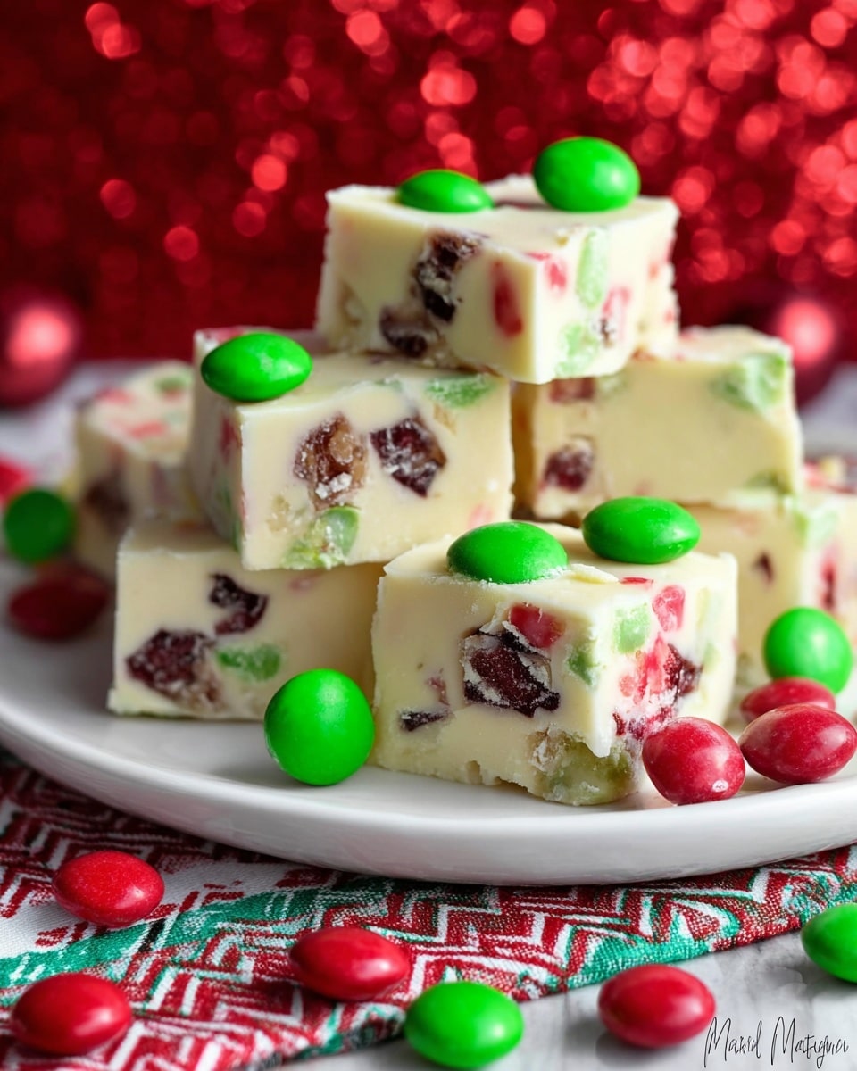 The image shows a white plate with several square pieces of white chocolate fudge that contain red and green candy pieces inside. Each fudge piece is thick and creamy white with visible chunks of red and green candy mixed throughout. On top of some fudge pieces, whole green candies are placed for decoration. Around the plate and on a red, green, and white checkered cloth beneath it, there are loose red and green candy pieces. The background has a red sparkly texture with white zigzag patterns. Photo taken with an iphone --ar 4:5 --v 7