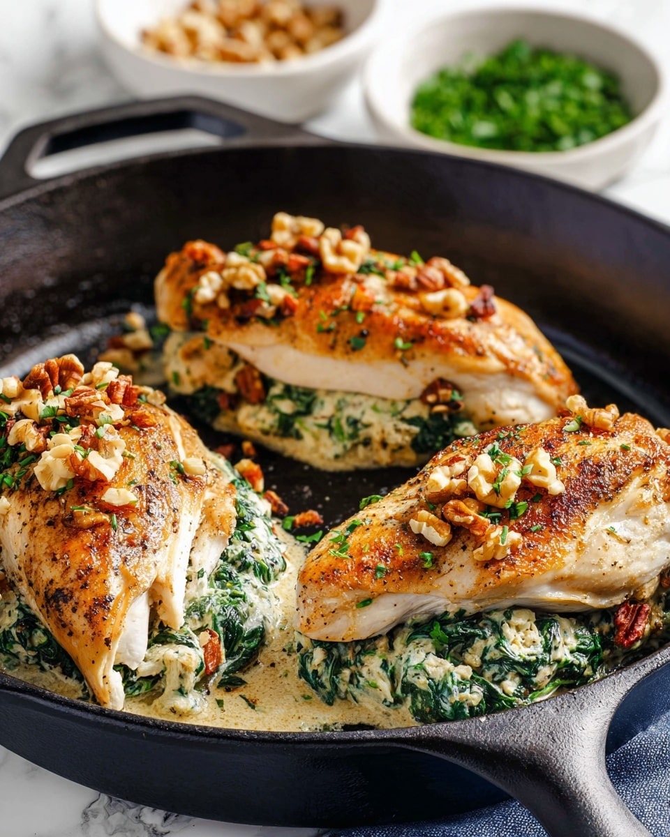 The image shows three pieces of cooked chicken breast in a black cast iron pan, each stuffed with a creamy green spinach and nut filling visible spilling out from the middle layer, which is creamy with small bits of green spinach and nuts mixed inside. The top layer of the chicken is golden brown with small pieces of chopped sun-dried tomatoes and walnuts scattered over them. The pan sits on a surface with a white marbled texture, and in the blurry background, there are two small white bowls, one filled with chopped nuts and the other with fresh green herbs. Photo taken with an iphone --ar 4:5 --v 7