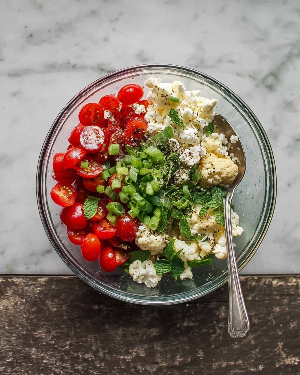 A clear glass bowl sits on a white marbled surface. Inside the bowl, there are four distinct layers: on the bottom left, chopped bright red cherry tomatoes cut in half; beside it, finely chopped green onions with light green and white colors; to the right, a crumbled white cheese layer; and next to that, small pieces of light beige cooked cauliflower sprinkled with black pepper. Fresh green mint leaves are scattered on top of all layers. A silver spoon rests inside the bowl on the right side. photo taken with an iphone --ar 4:5 --v 7