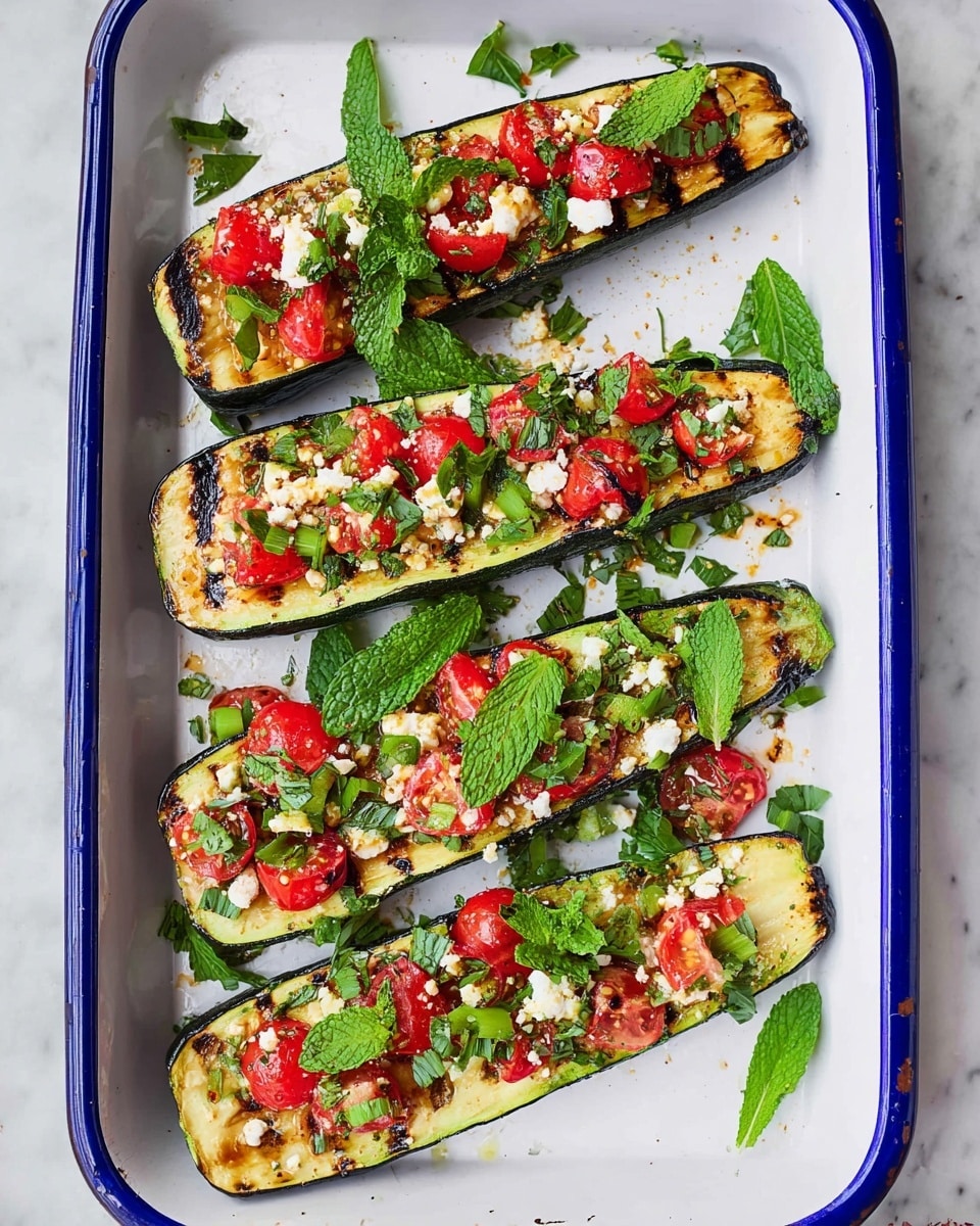 The image shows four long slices of grilled zucchini with dark, slightly burnt edges placed on a white enamel tray with a blue rim, set on a white marbled surface. Each zucchini slice is topped with scattered small red grape tomato halves, crumbled white cheese, finely chopped green onions, and fresh green leafy herbs including flat parsley and larger mint leaves. The bright red of the tomatoes contrasts with the dark green and white toppings, giving a fresh and colorful look. The photo taken with an iphone --ar 4:5 --v 7