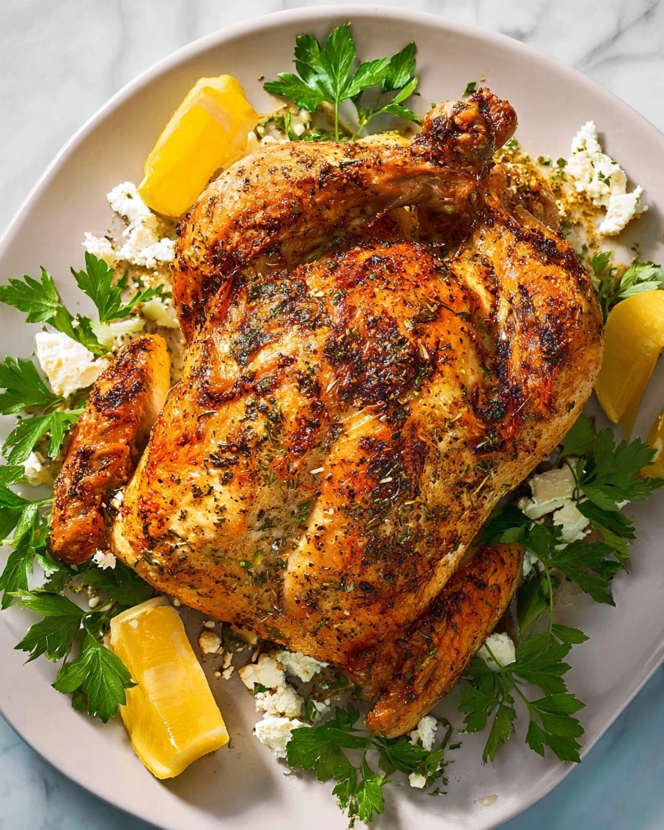 A whole roasted chicken sits in the center of a white plate, its golden-brown skin crispy and speckled with herbs and spices. Around the chicken, there are bright yellow lemon wedges and white crumbled cheese pieces scattered. Fresh green parsley leaves are placed around the chicken, adding a pop of color. The white plate rests on a white marbled surface. Photo taken with an iphone --ar 4:5 --v 7