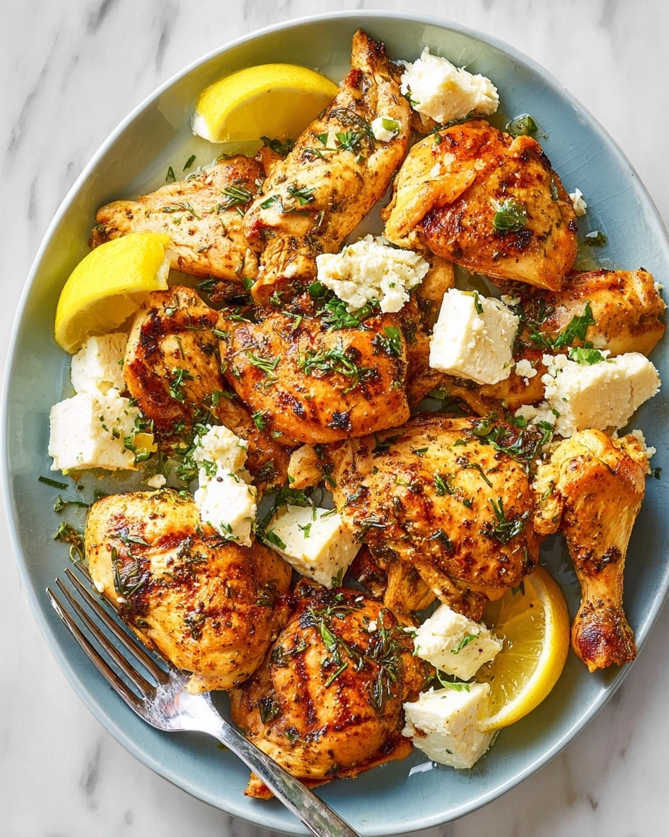 A white plate holds a serving of grilled golden-brown chicken pieces with a slightly crispy texture and herbs sprinkled on top. Around the chicken are rough chunks of white cheese and bright yellow lemon wedges that add color contrast. A silver fork rests on the plate’s edge. The plate sits on a white marbled surface, giving the setting a clean and fresh look. photo taken with an iphone --ar 4:5 --v 7