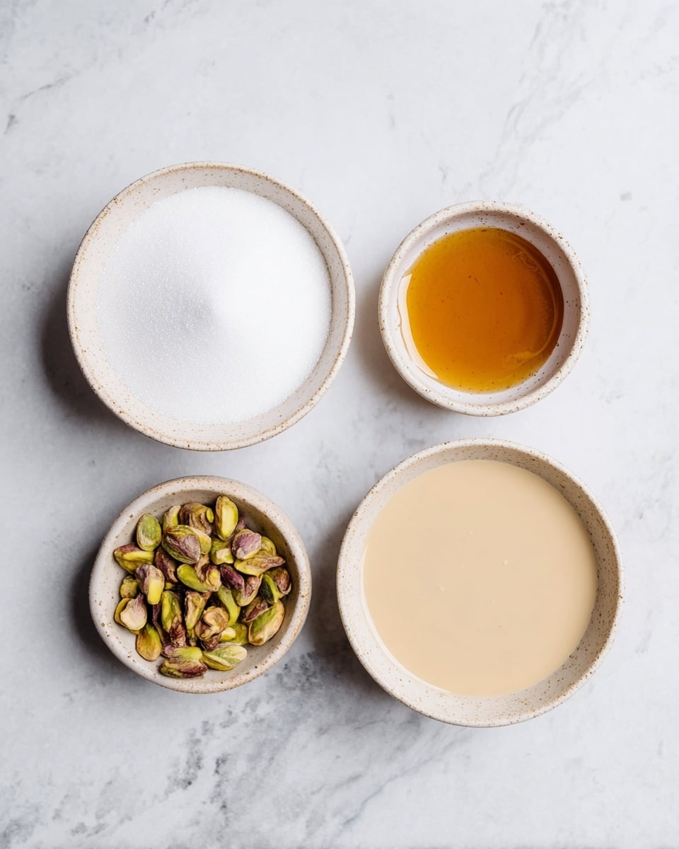 The image shows four small white bowls placed close together on a white marbled surface. The top left bowl holds fine white granulated sugar, filling the bowl almost to the edge. Below it, a smaller bowl contains shelled pistachios with green and brown shades. The top right bowl is the smallest and contains golden brown liquid honey. The bottom right bowl has a smooth beige thick liquid, possibly tahini, filling it nearly full. All bowls are simple and round, with a light speckled texture on the outside. Photo taken with an iphone --ar 4:5 --v 7