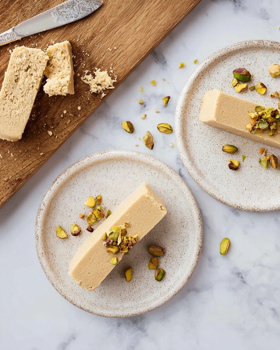 Two thick, beige-colored bars of crumbly dessert are placed on a round, white speckled ceramic plate, with a few green and brown pistachio nuts scattered under and around them. To the right, another plate identical in color and texture holds a single smaller piece of the same dessert with some chopped pistachios. In the top left corner, a wooden board rests on the white marbled surface, holding a couple of cut bars of the dessert along with some scattered pistachio nuts and crumbs, accompanied by a silver knife. The whole scene is set on a clean, white marbled background. Photo taken with an iphone --ar 4:5 --v 7