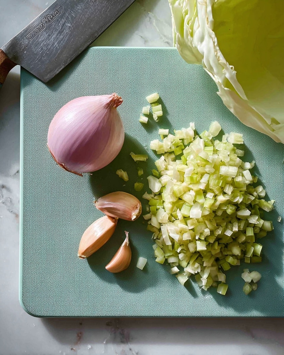 The image shows a green cutting board on a white marbled surface with a large knife on the left side. On the board, there is one peeled shallot with a smooth purple-pink skin on the upper left, two garlic cloves with light brown papery skin below it, and a pile of finely chopped pale green celery pieces in the middle right. At the top right corner, there is part of a light green cabbage or lettuce leaf. The lighting creates soft shadows, and the textures of the vegetables and knife are clear, photo taken with an iphone --ar 4:5 --v 7