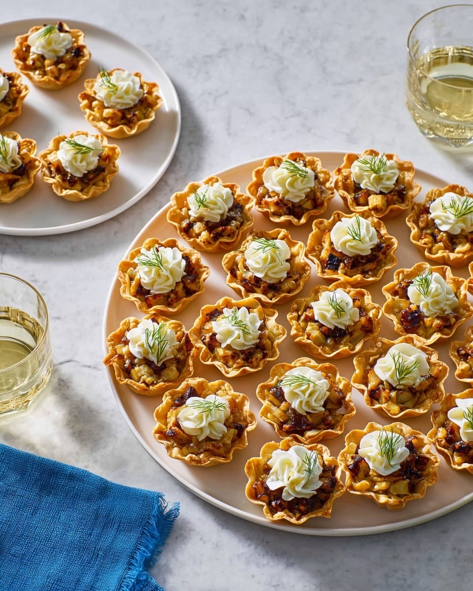 A large white round plate holds 30 small tartlets arranged closely together. Each tartlet has a golden, crisp shell with wavy edges filled with a mixture of small diced light brown and dark pieces, likely fruit or nuts. On top of each filling is a swirl of white creamy topping, shaped like a small flower, garnished with a small green sprig, possibly dill. In the background, on the left, there is a smaller white round plate with three more tartlets placed on a blue cloth. The surface beneath everything is a white marbled texture. Two clear glasses with a light yellow drink are on the right side. photo taken with an iphone --ar 4:5 --v 7