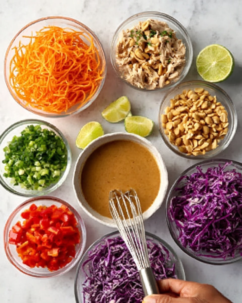 The image shows a collection of clear glass bowls arranged on a white marbled surface. Each bowl contains different ingredients: finely shredded bright orange carrots, chopped red bell peppers, green chopped herbs, chopped cooked chicken, crushed peanuts, purple shredded cabbage, and chopped green onions. There is also a bowl of light brown sauce with a metal whisk inside it. Two lime wedges sit near the bowls. A woman's hand holds the whisk in the sauce bowl. The colors are bright and fresh, showing a variety of textures from crunchy vegetables to soft chicken, all ready to be mixed. Photo taken with an iphone --ar 4:5 --v 7