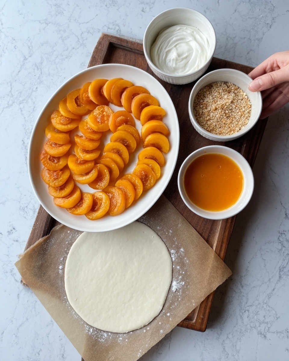 The image shows a white oval plate with two layers of light orange apricot halves, arranged neatly in concentric circles. Around the plate, there are three small white bowls: one with white cream, one with light beige crushed crumbs, and one with a smooth orange sauce. Below the plate is a white dough circle on parchment paper. The items are placed on a wooden board resting on a white marbled surface. A woman's hand is reaching toward the bowls. Photo taken with an iphone --ar 4:5 --v 7