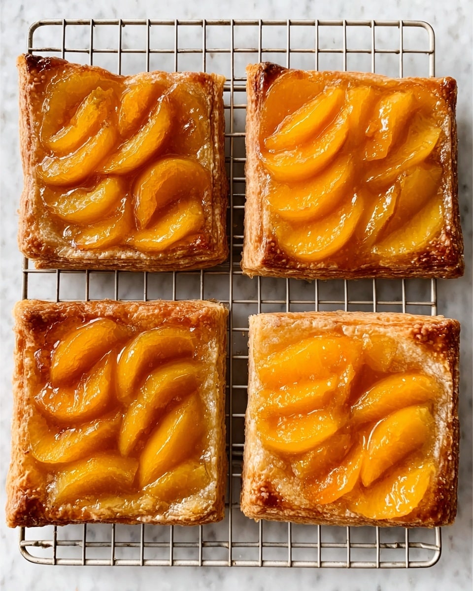Four square puff pastries are placed on a white metal cooling rack over a white marbled surface. Each pastry has a golden-brown flaky crust forming the base layer with slightly raised edges. On top, there are neatly arranged slices of bright orange fruit with a soft, glossy texture, forming one even layer that covers most of the pastry surface. The fruit slices appear shiny, likely coated with a thin glaze that gives them a moist look. photo taken with an iphone --ar 4:5 --v 7